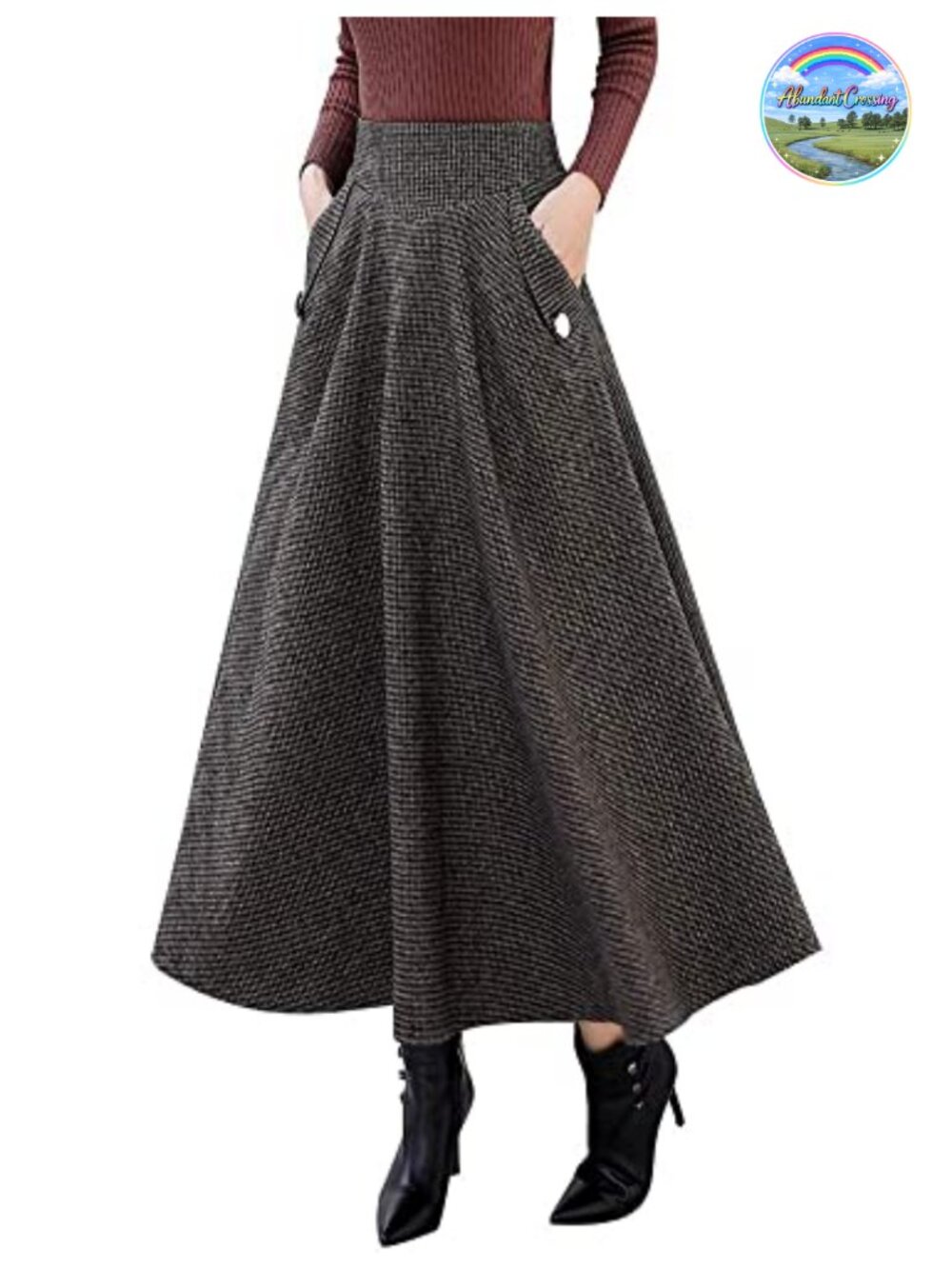 Wool Plaid High Waisted A-Line Long Maxi Skirt with Side Pocket